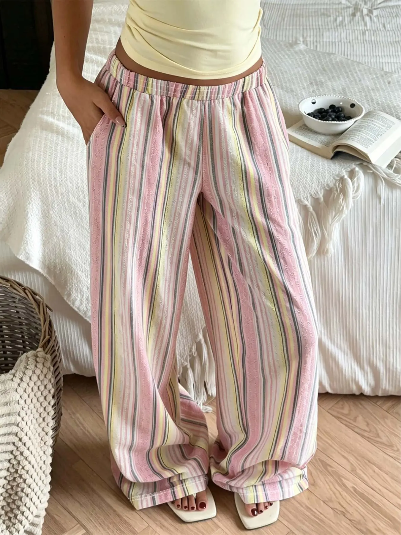 Women's Loose-Fit Oversized Straight Leg Pants, Striped Plaid Digital Print, Casual Home Wear, All Seasons, Spring & Fall, Vacation Leisure