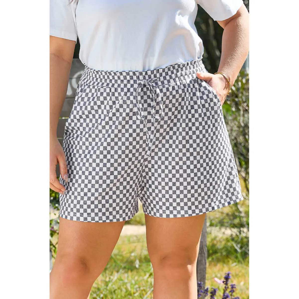 Women's Plus Size Plaid Adjustable Lace-Up High-Rise Fit Fashion Casual Daily Summer Bottoms Shorts, Everyday