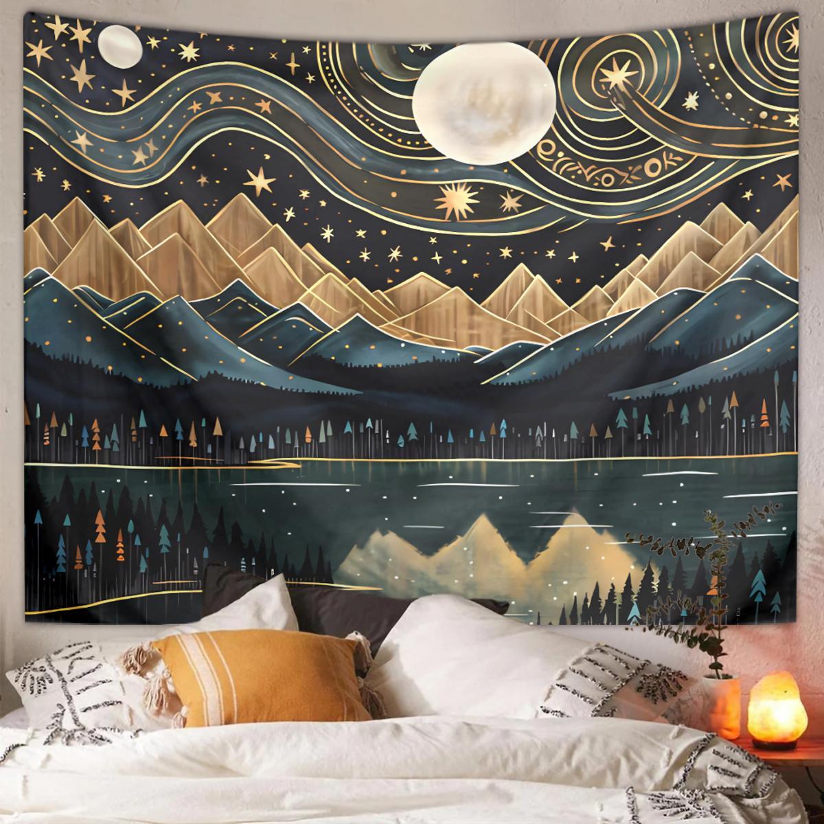 Bohemian Style Mountain & Moon & River & Starry Sky Pattern Tapestry, Creative Wall Hanging Blanket, Wall Art for Home Living Room Bedroom, Vintage Room Decor, Wall Tapestries