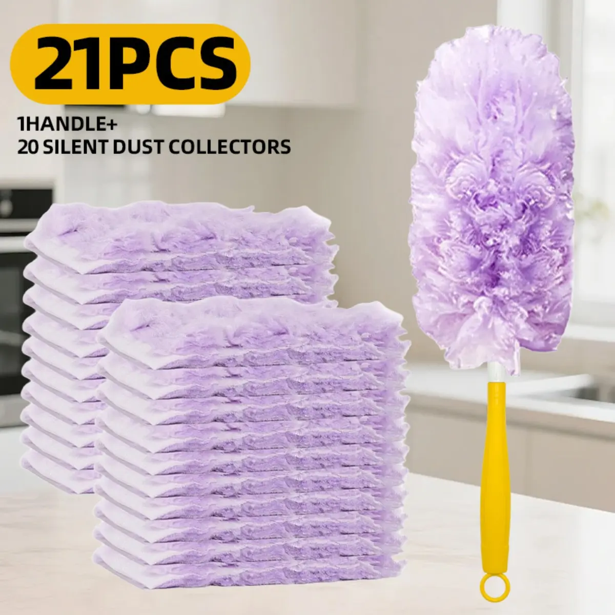 Instant Dust Trap Disposable Static Feather Duster Kit 11/21Pcs with Ergonomic Handle, No-Wash Fluffy Refill Heads for Crevices Baseboards Blinds, Quick Deep Clean Life Hack for Renters