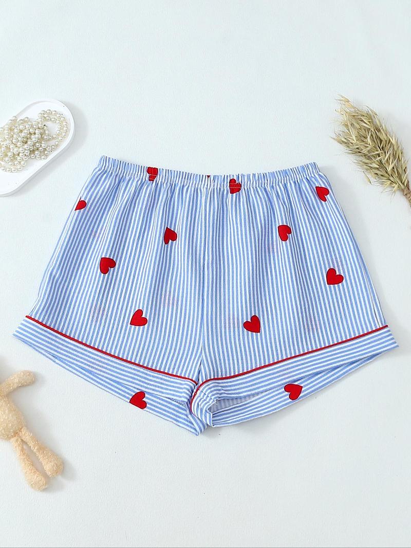Valentine's Day Spring Summer Romantic Blue Striped Heart Elegant Short Sleeve Shorts Pajama Set for Women, Cute Fitted Homewear