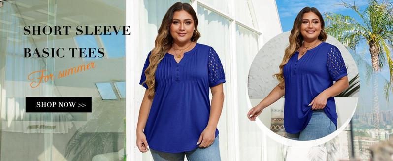 【L-4XL】Plus Size Curve imily bela curve Women's Plus Size Henley T Shirt Summer Lace Sleeve Tees Casual Pleated Flowy Tunic Tops