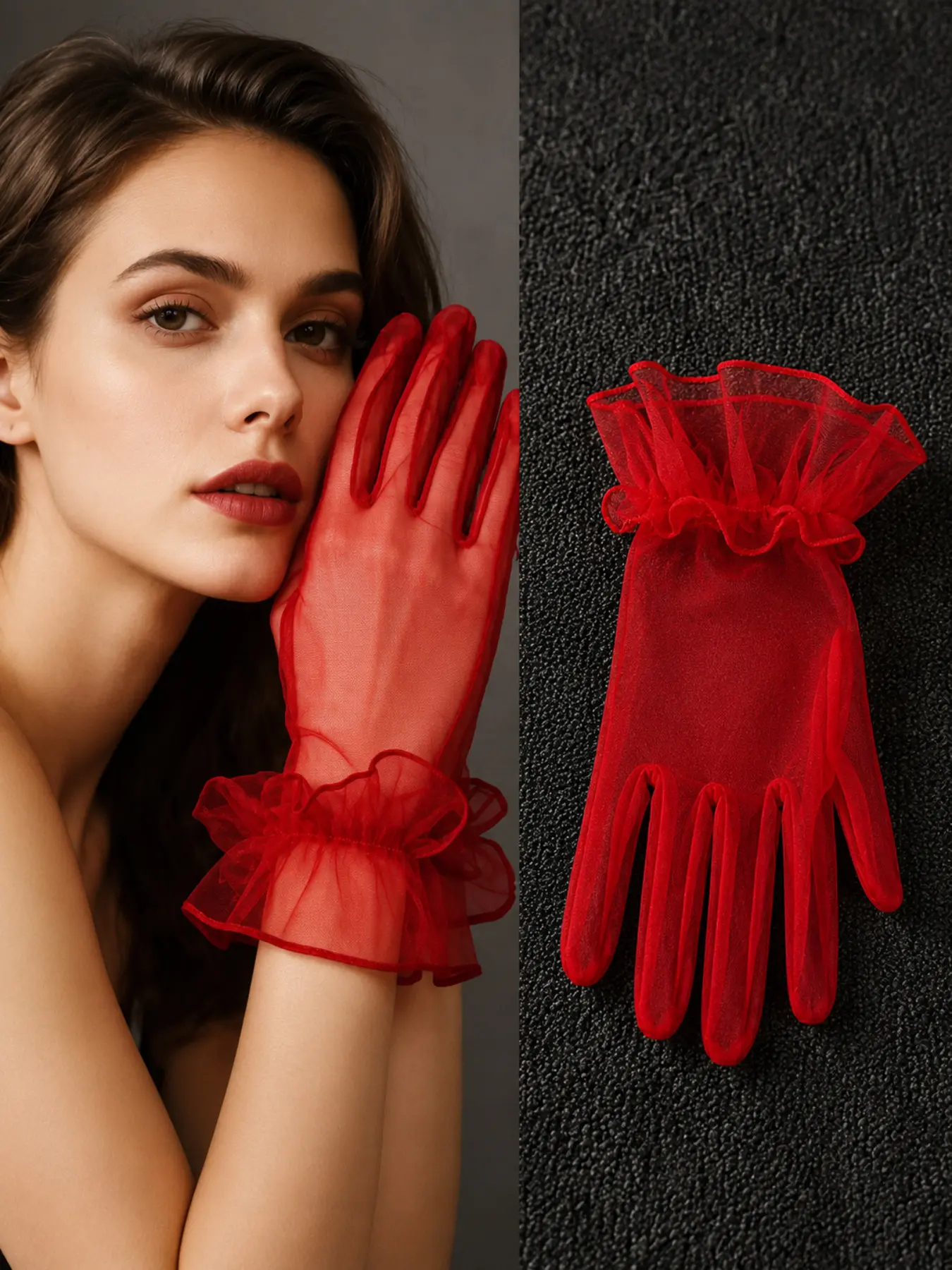 1 Pair Bridal Gloves for Women - Korean Style, Ruffled Wrist, Transparent Thin Net Lace, Short Length, Colored, White, Red, Opera Ball, Sexy, Bridal Accessory