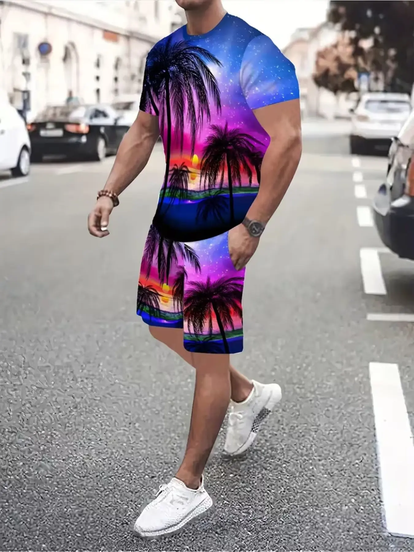 2 Piece Tropical Palm Sunset Print Beach Set, Loose Fit Short Sleeve T-Shirt and Drawstring Shorts, Bright Blue, Summer Vacation