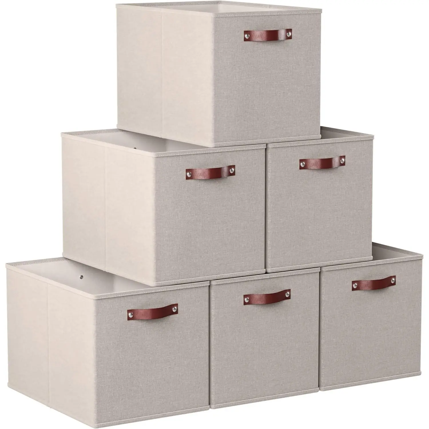 13 x 15 x 13 Kallax Storage Cube Bins, Foldable Collapsible Fabric Storage Bins Box Linen Shelf Basket Cube Organizer for Closet with Leather Handles, 6 Pack, Beige