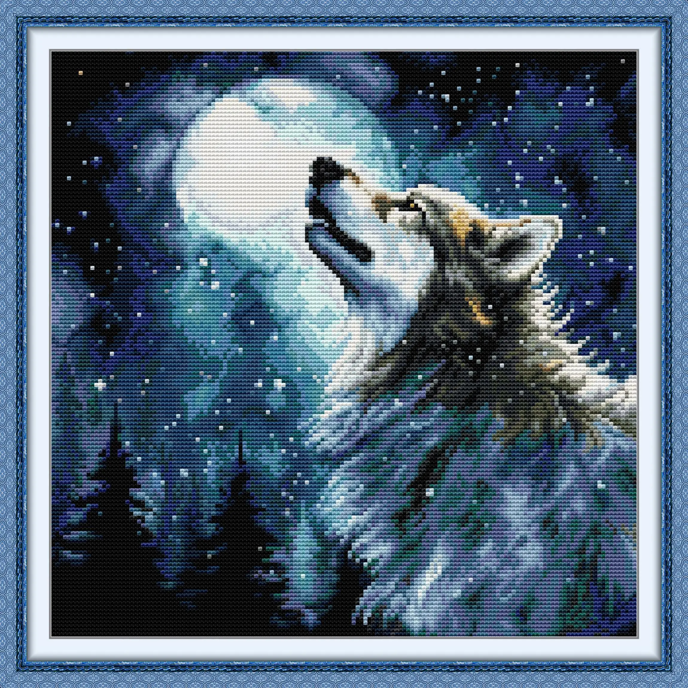News Pre Printed Cross Stitch Kit, Stamped Aida Fabric with DMC Threads, Embroidery Kit Snow Night Wolf King DIY Easy art kit complete set full set pattern present decoration scenery Animal portrait