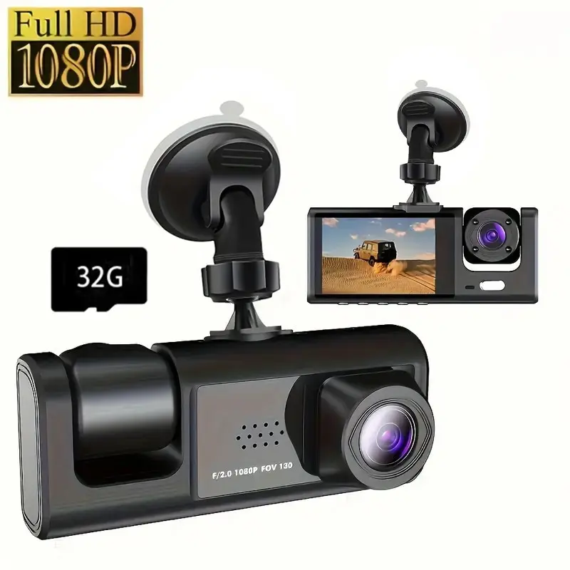 Dash Cam for Car with 32GB Card: HD Automotive Dashcam, 1080P Front + 720P Interior, Night Vision, Loop Recording, G-Sensor, Parking Monitor (Hardwire Kit Required), Easy-Install Suction Mount & Multi-Language Support - Car Accessories | Gift