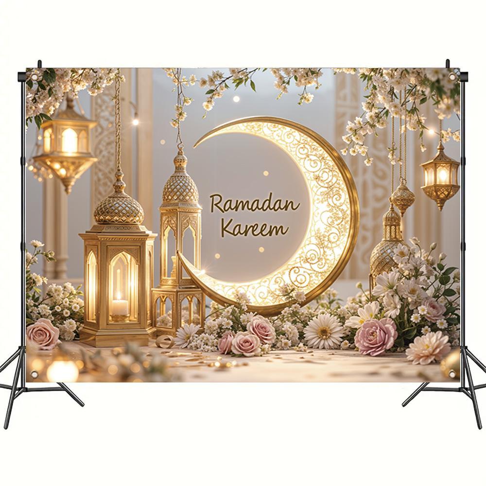 Ramadan Theme Backdrop, 1-Count Elegant Moon & Lantern Pattern Wall Hanging Backdrop, Party Flowers Decoration for Home Living Room and Bedroom