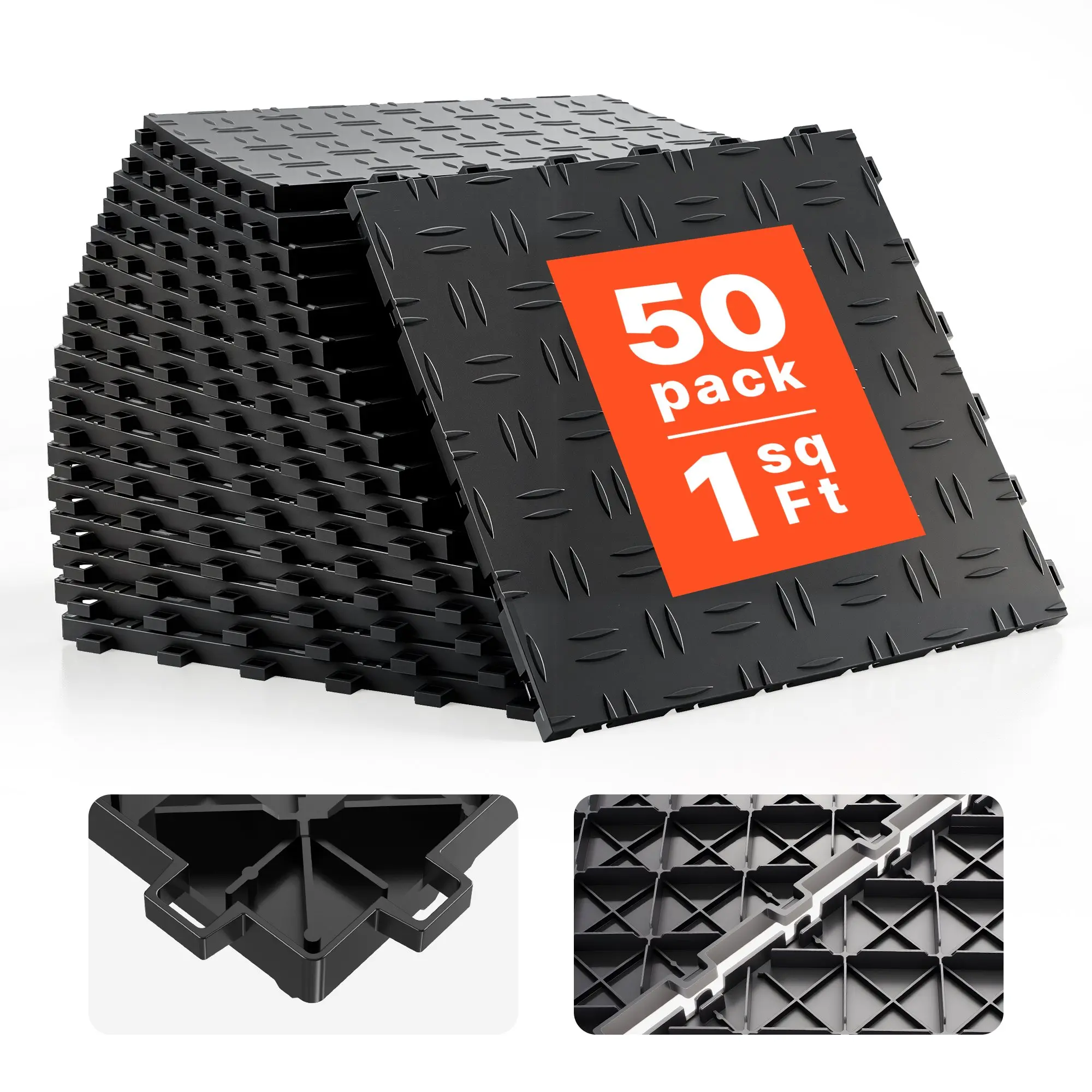 Garage Tiles Interlocking, 12x 12x 0.53 inch 50 Pack Garage Floor Covering Tiles, Non-Slip Double-Sided Texture Garage Flooring Tiles, for Garages, Basements, Repair Shops, Black