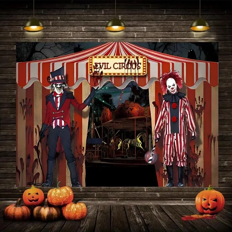 Evil Circus Horror Clown Backdrop Party Background Cloth, Dark Carnival Tapestry Wall Hanging Photography Background Premium Polyester Fabric, Halloween Party Decor, Event Setup, Photo Studio Prop, Haunted Festival Background
