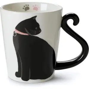 White Ceramic Tea Mug 12oz Animal Shaped Black Cat Design Hand Printed Sayings BPA Free Handmade Cup for Coffee or Tea