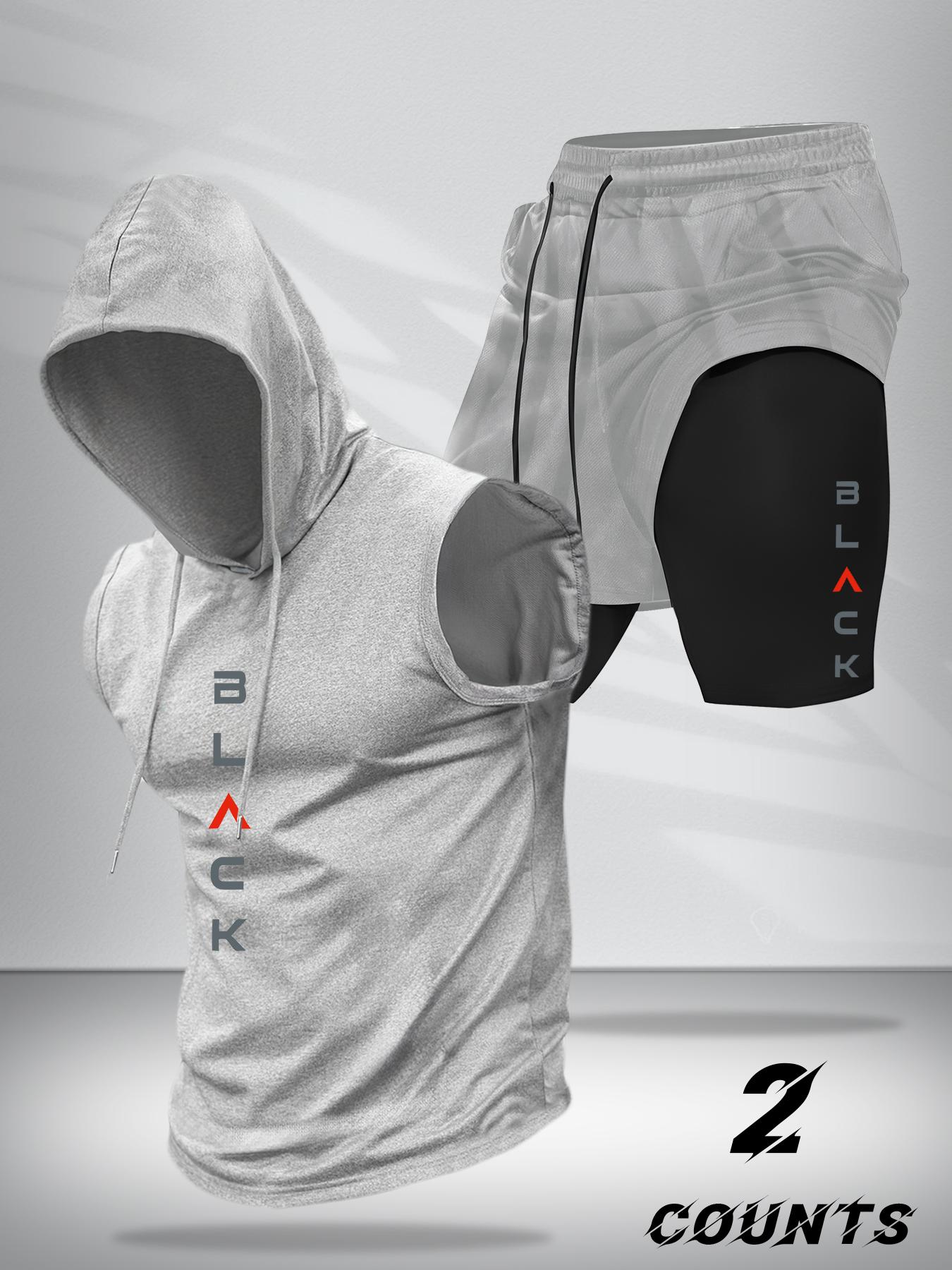 Two-Piece Set Men's Hooded Tank Top & Shorts Set, Regular Fit Casual Pullover Hoodie & Shorts, Men's Two-piece Outfits for Daily Wear, Casual Gym Wear