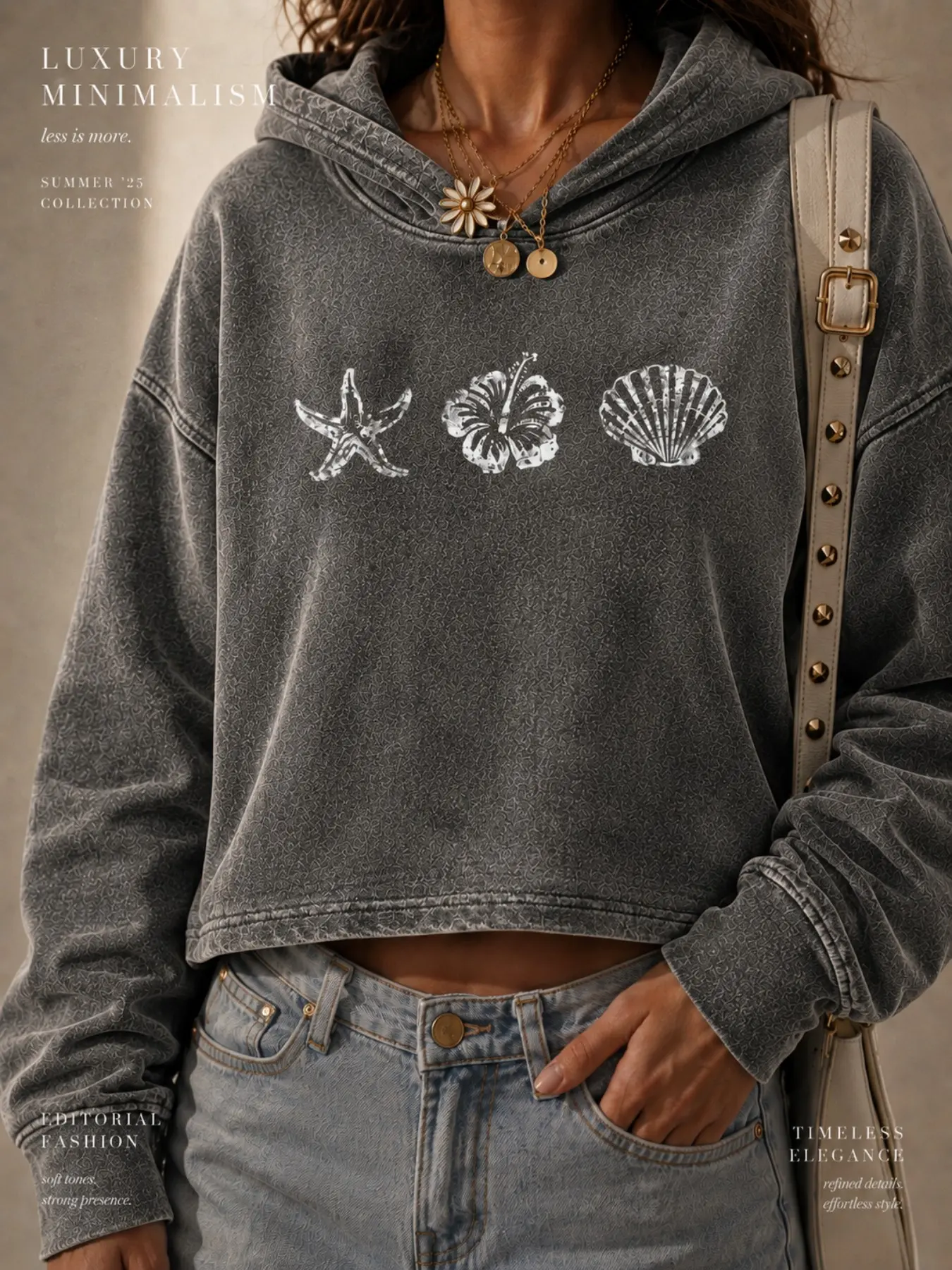 50% Cotton, American Washed Distressed Cropped Hoodie For Women, Starfish Seashell Hibiscus Print Crop Hooded Sweatshirt, Loose Drop‑Shoulder Vintage Y2K Crop Top, Autumn‑Winter Style