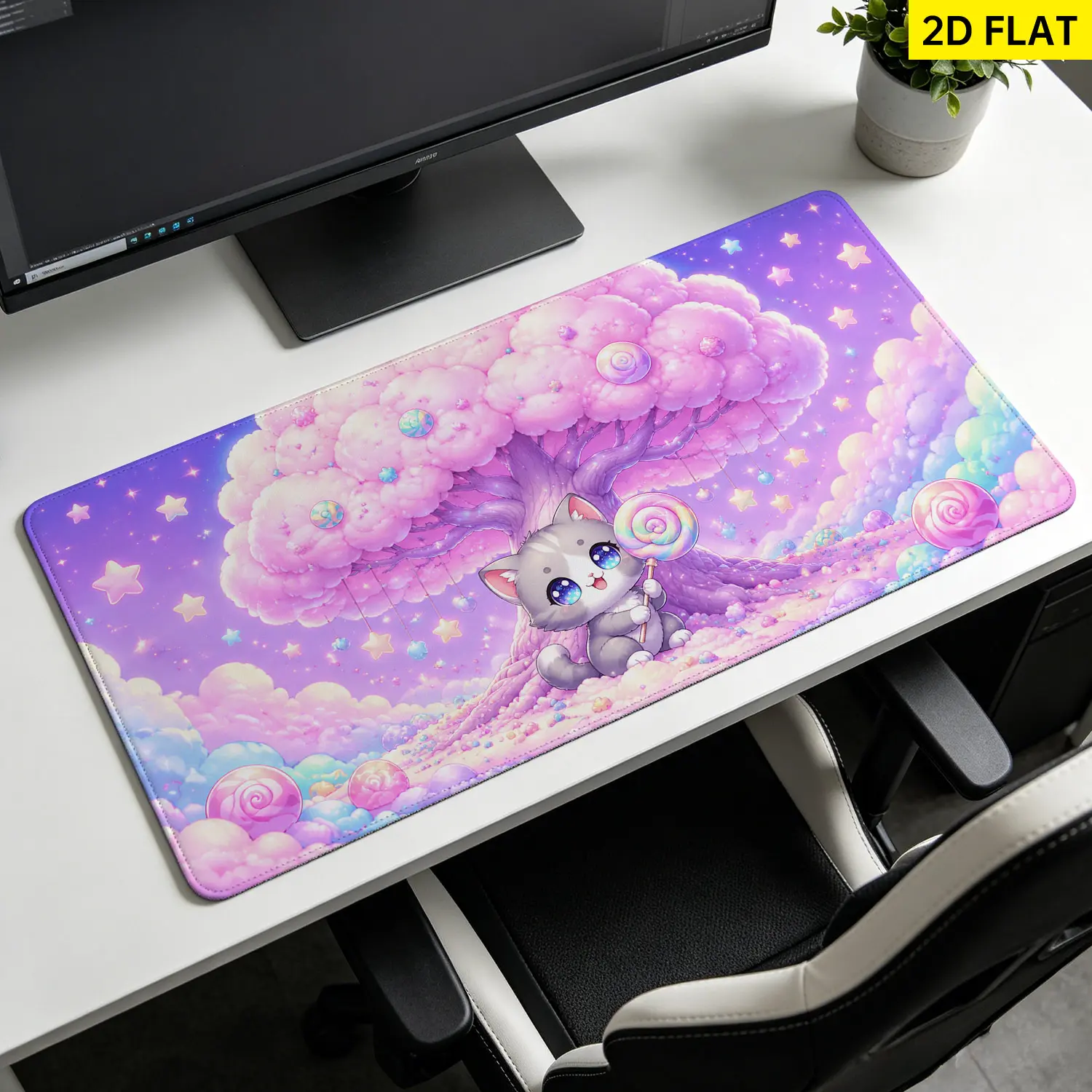 Extra Large dreamlike pink fantasy cat and lollipop Mouse Pad,Non Slip Rubber Pad,Desktop Decoration Drotection Pad,Washable,Lock Edge Multi Size,Premium Multipurpose Mousepad For Home,Office,Gift for Family and Friends