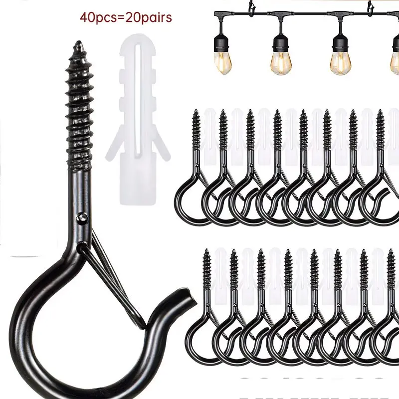 40pcs Q-Type Ceiling Hooks with Safety Clips, Rural Metal Wall Mount Hangers for Outdoor Lights, Lanterns, Christmas Decorations