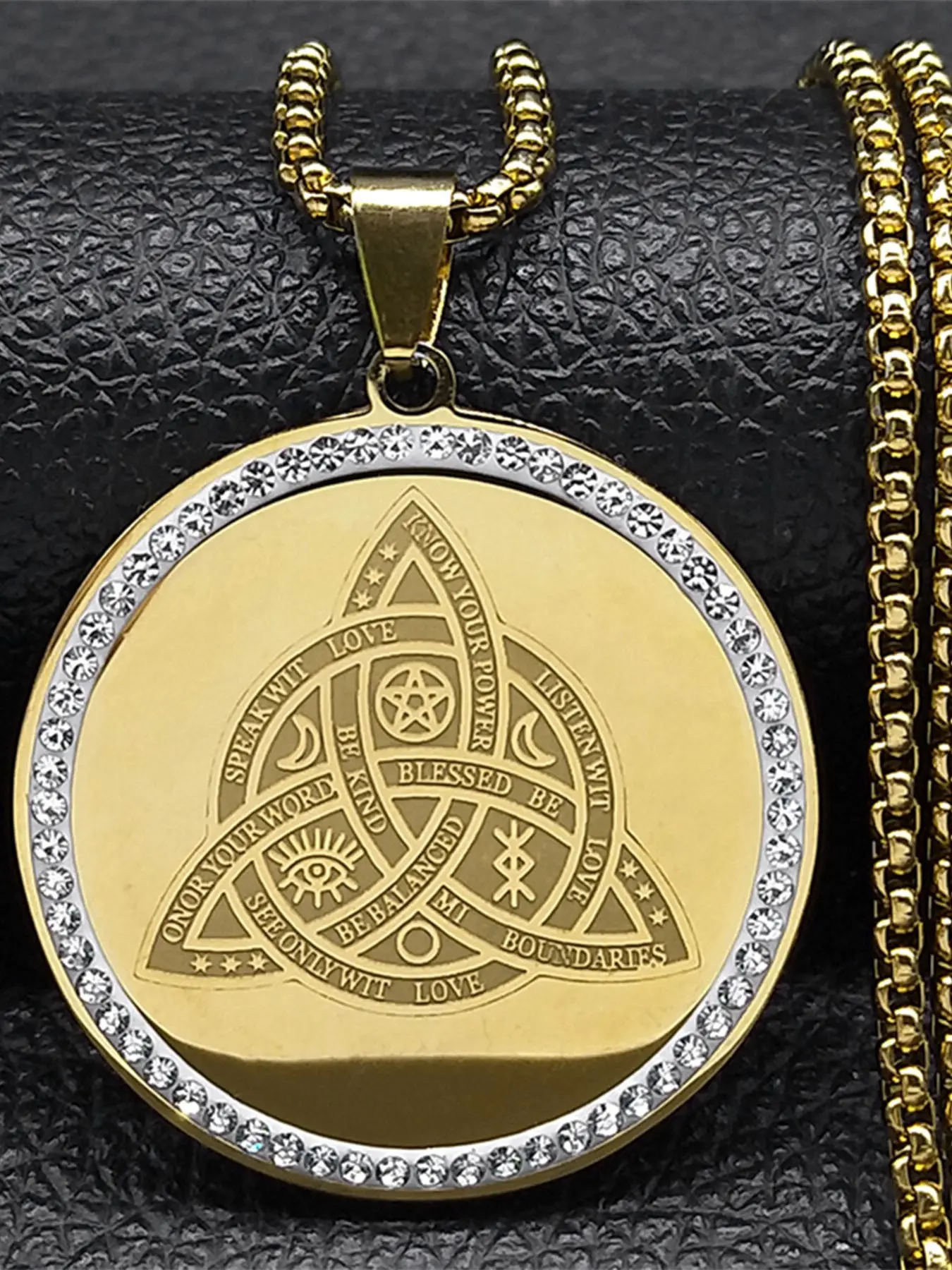 Witch Trinity Knot Necklace for Women Men Rhinestone Stainless Steel Gold Color Wicca Celtic Irish Chain collar
