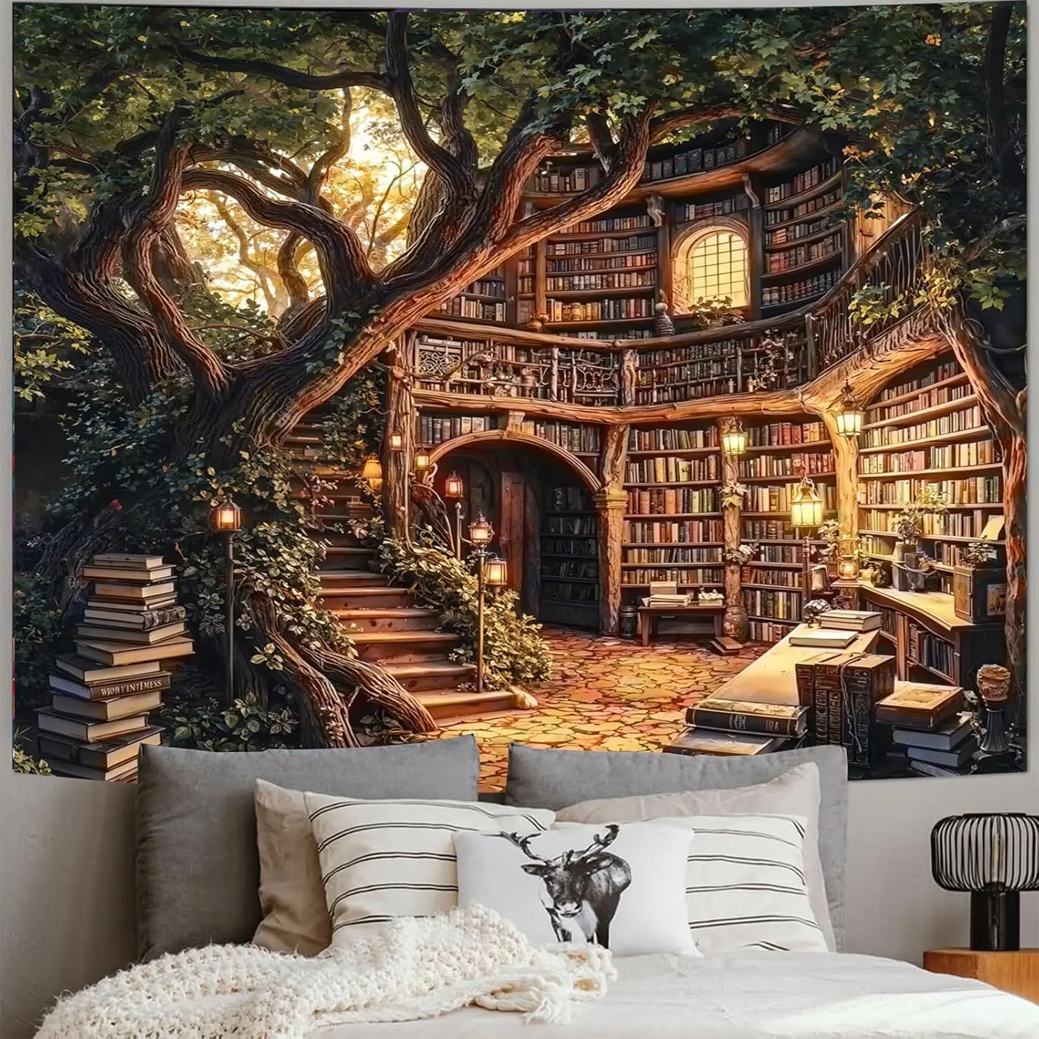 TUGCAY Forest Library Tapestry Tree Bookshelf Tapestry Fantasy Vintage Book Treehouse Tapestries Wall Hanging Decor for Bedroom Dorm Living Room Classroom(80'' x 60'')