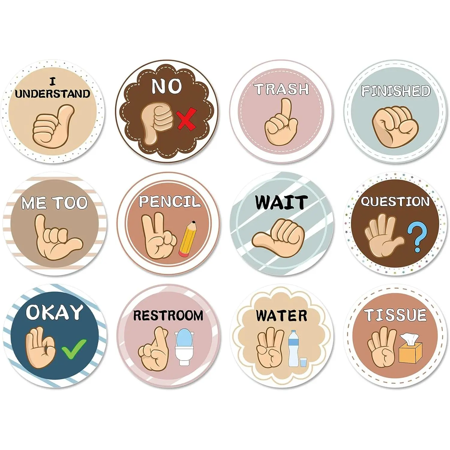 12 Pcs Classroom Sign Language Posters,Sign Language Flash Cards Cutouts,Classroom Management Tools for School Learning Bulletin Board Decor (Boho)