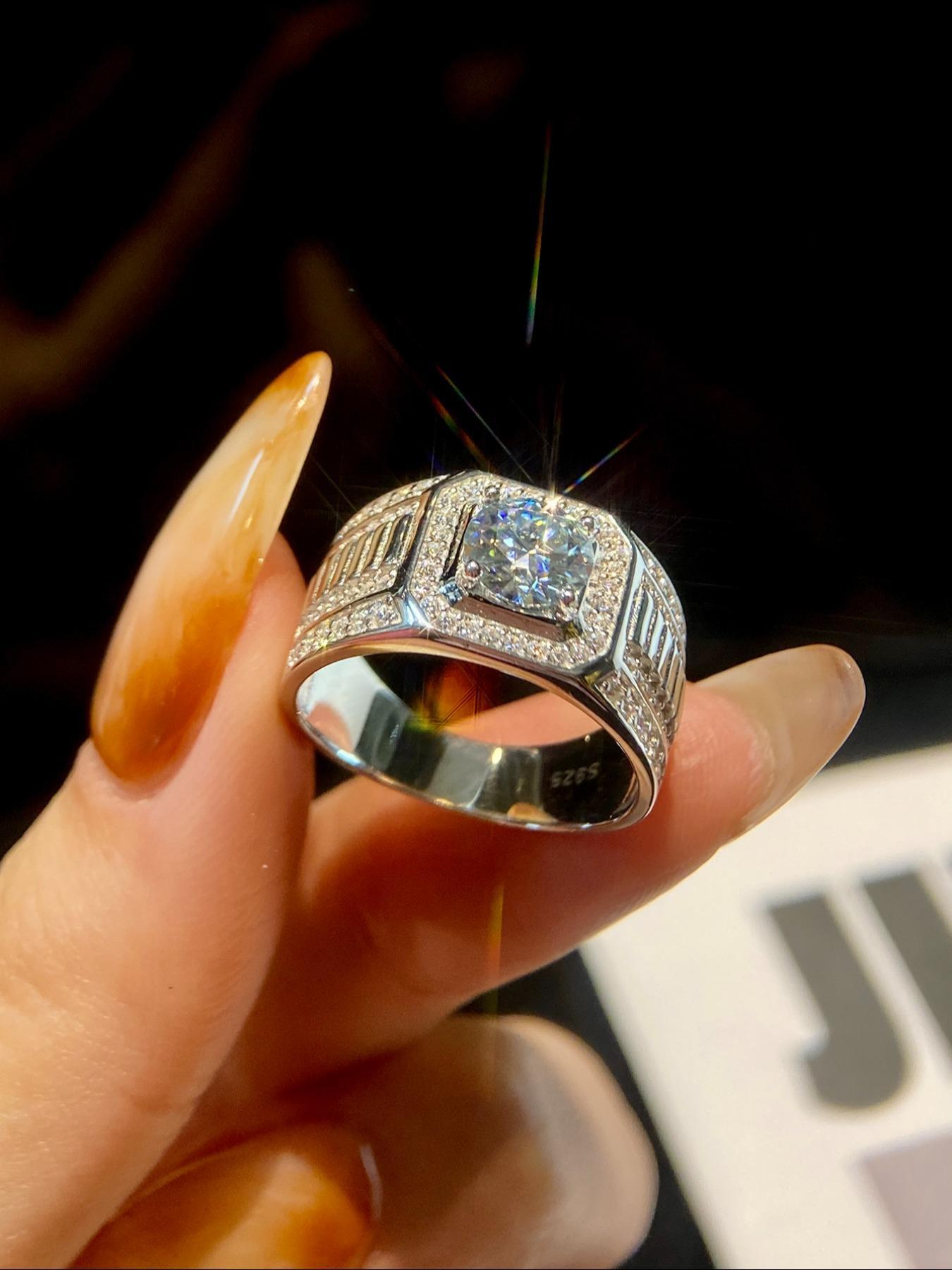 925 Sterling Silver Men's Elegant Synthetic Moissanite Ring, Cuban Moissanite Ring, Solitaire Ring, Exquisite Trendy Engagement Ring, Fashionable Jewelry Accessories for Men As Wedding Gift