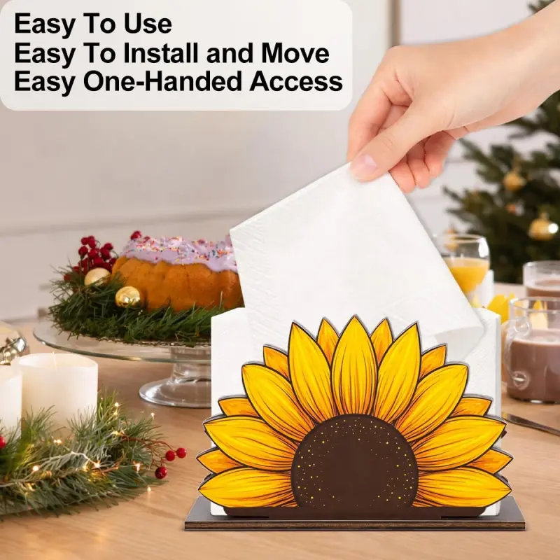 Sunflower Wooden Napkin Holder for Table, Rustic Yellow Sunflower Paper Napkin Dispenser, Farmhouse Tabletop Napkin Storage Rack, Floral Kitchen Counter Dining Room Autumn Harvest Home Decor