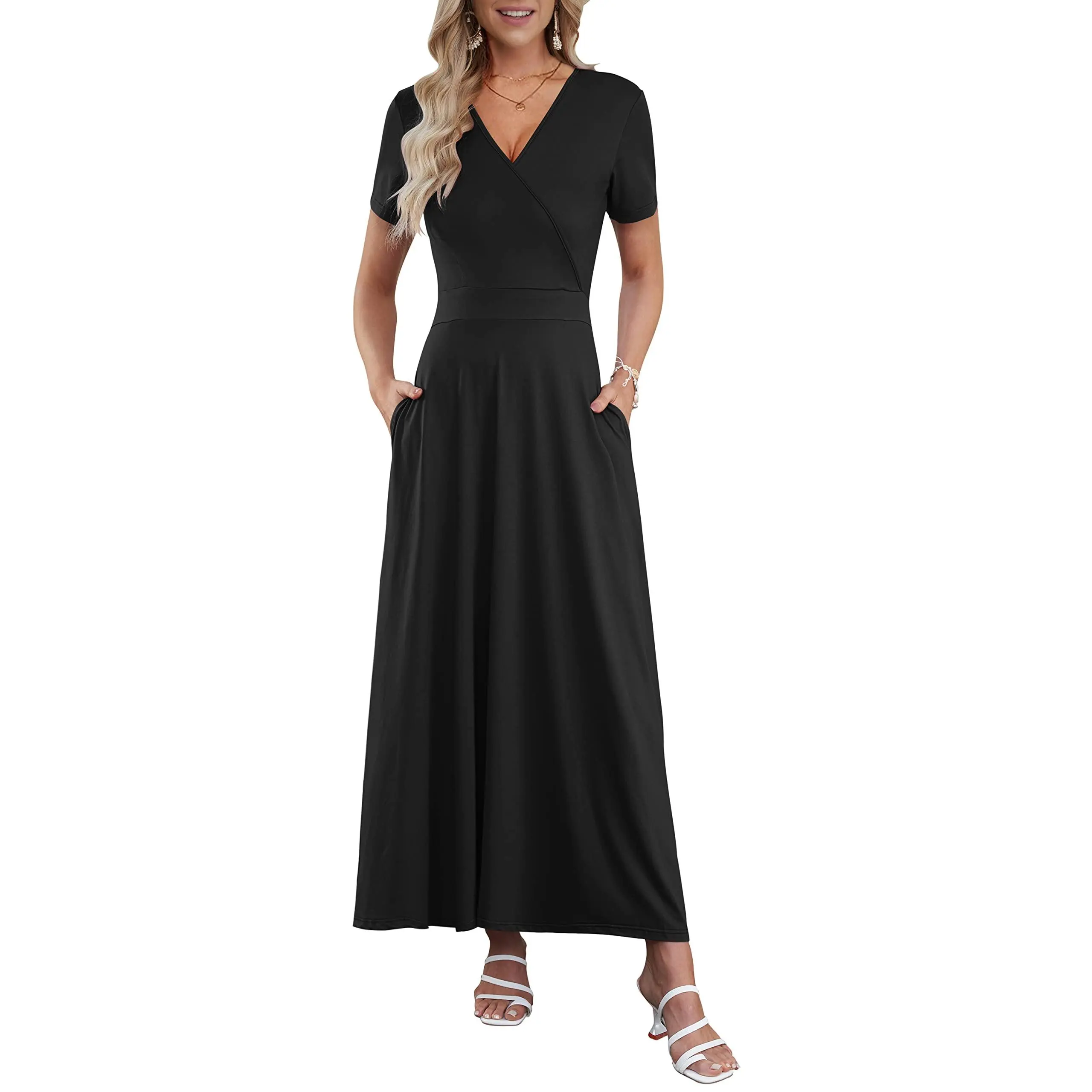 AUSELILY Maxi Dresses for Women Ankle Length Floral Print Beach Long Flowy Dress with Pockets