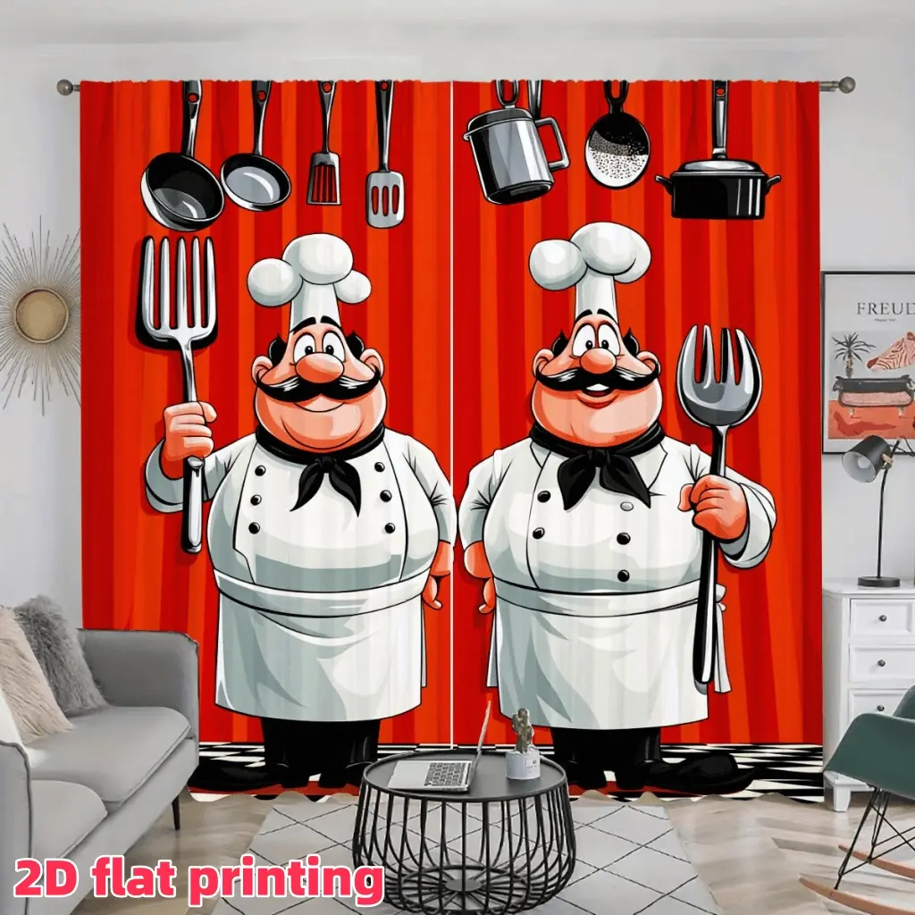 2D Flat 2Pcs Cartoon Chef Kitchen Curtains, Funny Cooking Theme Window Drapes, Red Vertical Striped Semi Sunshade for Dining Room Decor, Privacy Protecting Treatment, Home Ornament.