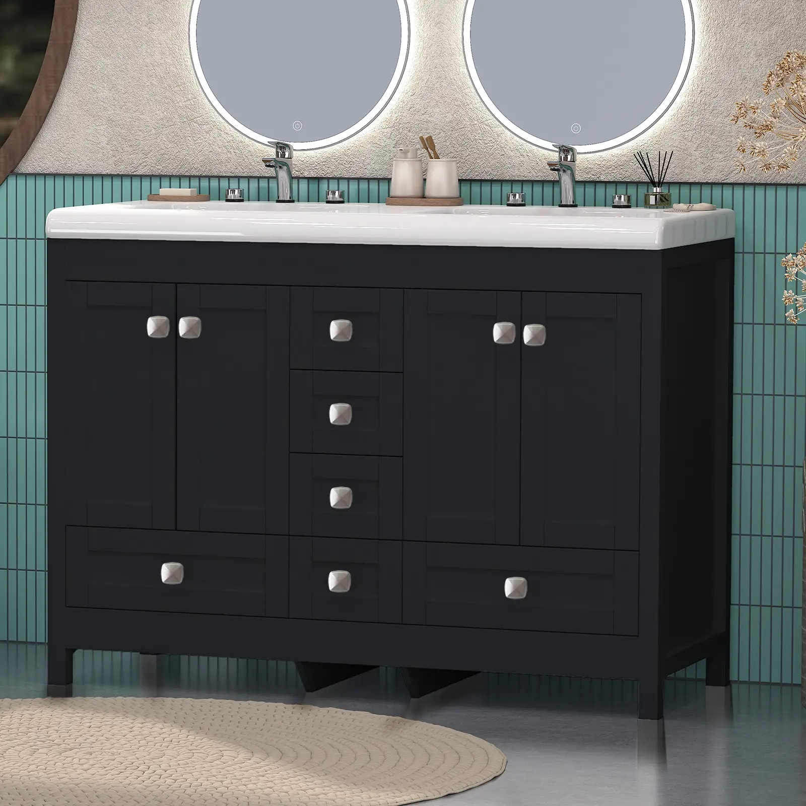 47" Black Bathroom Vanity Cabinet w/ Double Ceramic Sinks & 2 Doors & 6 Drawers
