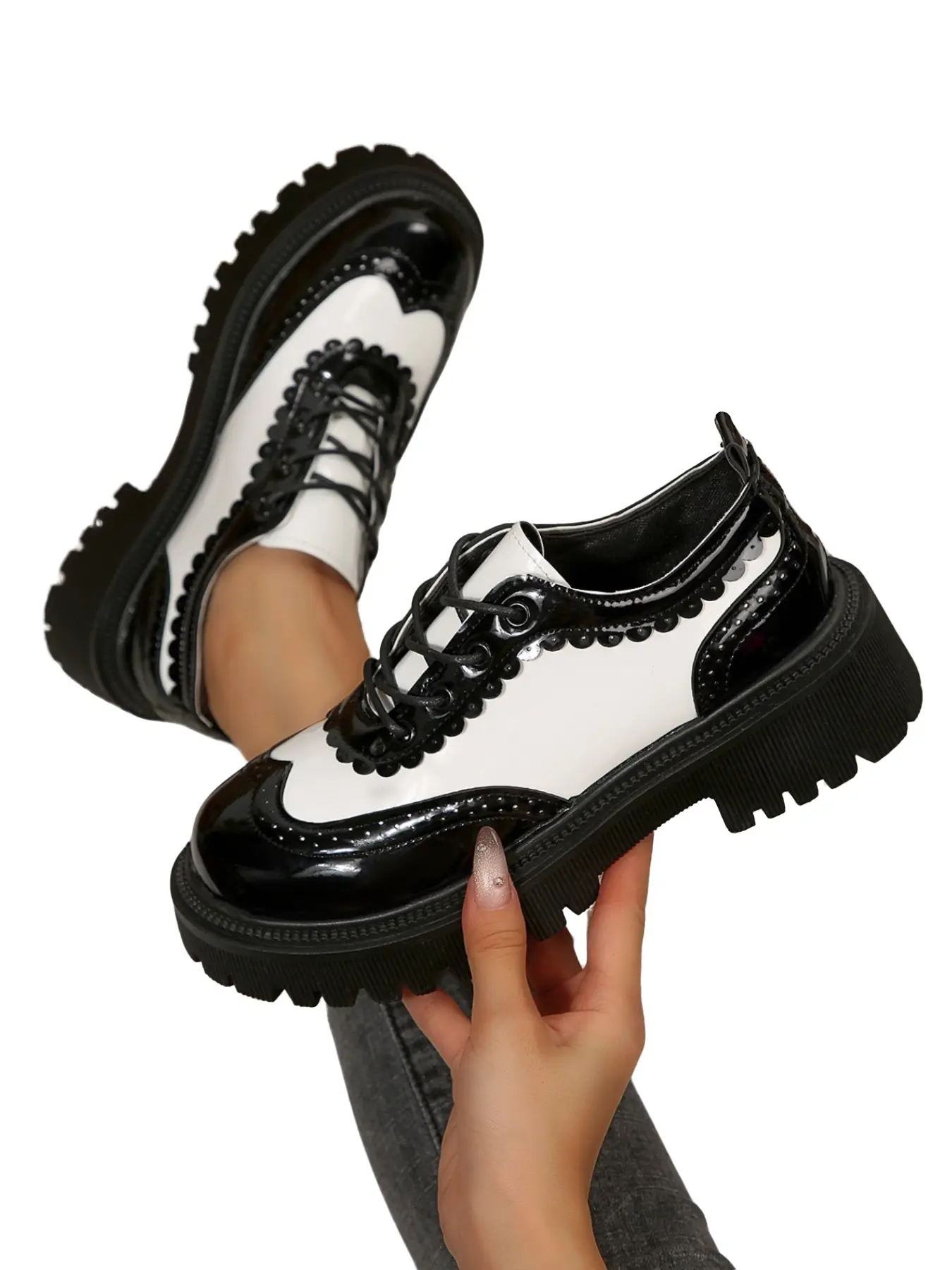 Women's Buckle Thick Sole Brogue Oxford Shoes, Lace-Up Colorblock Casual Shoes, Artificial Glossy Leather, Gothic Lolita Retro Style