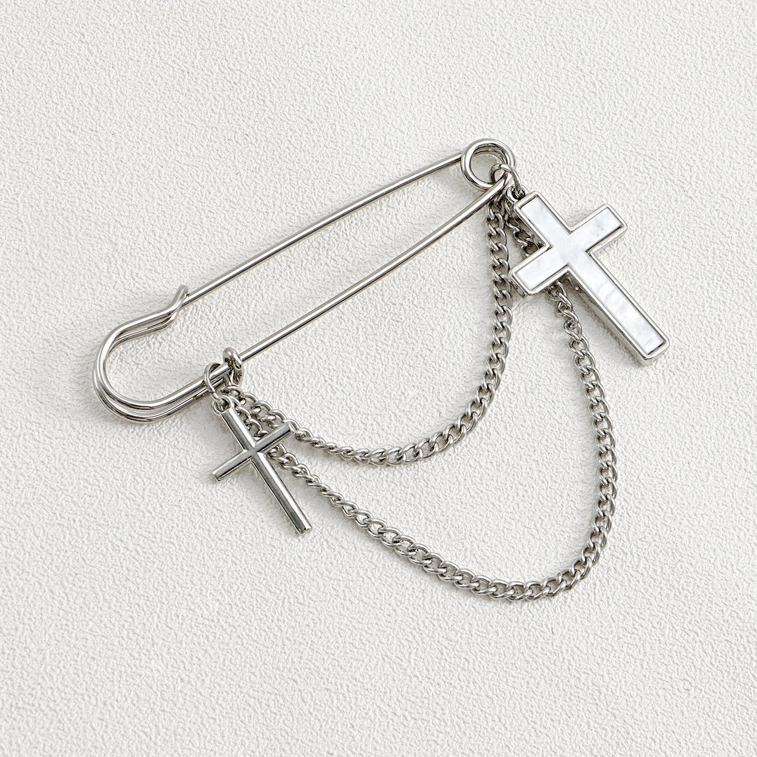 Women's White Mother-of-Pearl Cross Tassel Brooch, High-End Lapel Pin