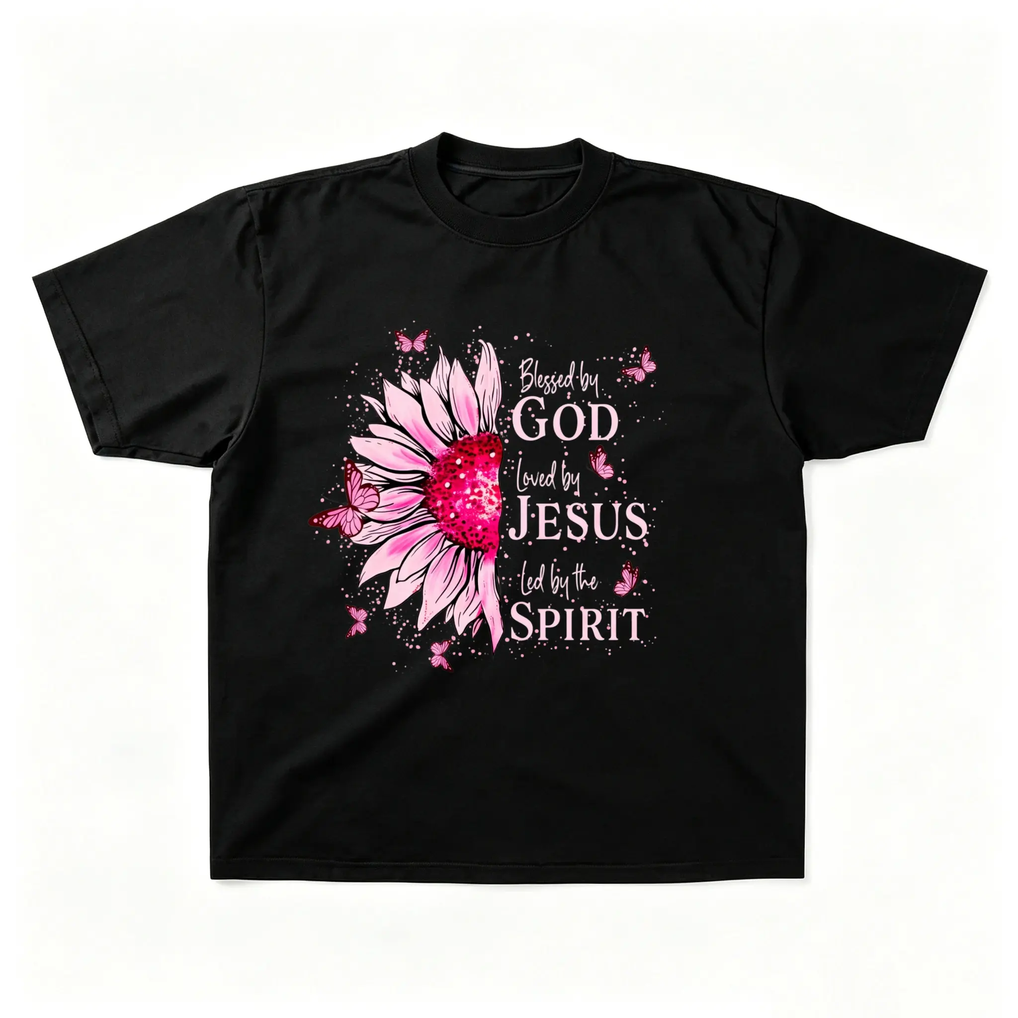 Blessed by God Loved by Jesus Led by the Spirit Pink Sunflower Butterfly Graphic T-Shirt, Christian Faith Religious Short Sleeve Tee For Women