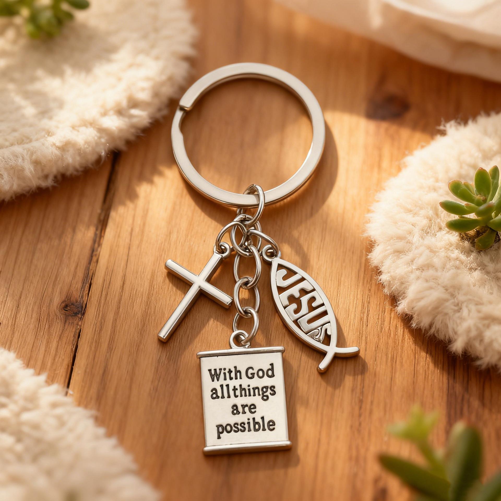 Geometric Cross Fish Pendant Inspirational Keychain Minimalist Design for Men Women European and American Cross-Border Hollow Carved English Motivational Phrases Fashion Accessory Gift