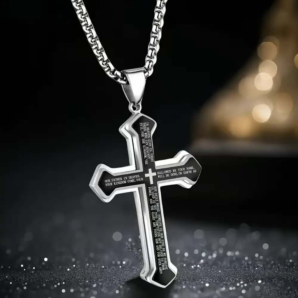 Men's Lord's Prayer Cross Pendant Necklace, Stainless Steel Black Silver Bible Verse Cross Necklace, Vintage Religious Christian Jewelry, Faith Amulet Neck Chain, Meaningful Gift for Christian Believers, Father's Day Birthday Gift for Him