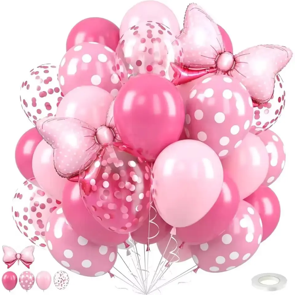31PCS Pink Bow Balloon, Hot Pink Dot Bow Aluminum Film Balloon and Colored Paper Balloon with Ribbon, Girls Birthday Party Decoration
