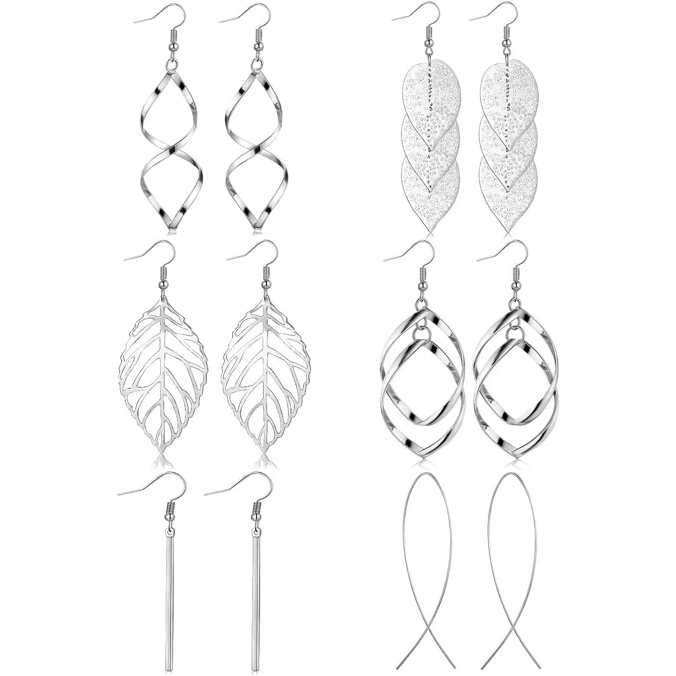 Women's 6-Pair Drop Dangle Threader Earrings Set, Female Set with Leaf Shapes & Metal Finish, Feminine Earrings for Wedding Wear