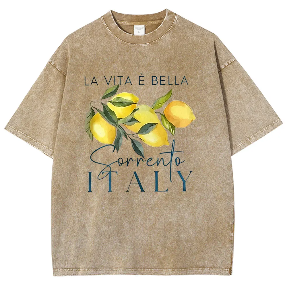 Vintage Washed Oversized T Shirt La Vita È Bella Sorrento Italy Watercolor Lemon Graphic Tees for Women Italian Vacation Coastal Casual Short Sleeve Tops