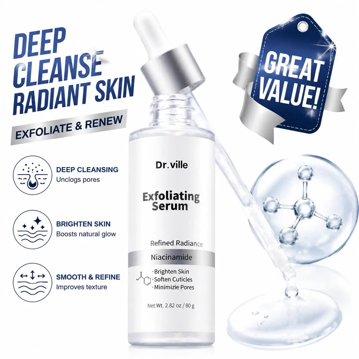 Dr.Ville Cornstarch Exfoliating Serum (80g) - Gentle Face & Body Exfoliator, Oil Control, Pore Care, Blackhead & Dead Skin Cell Reduction, Blackhead Reduction, Blackhead Reduc.