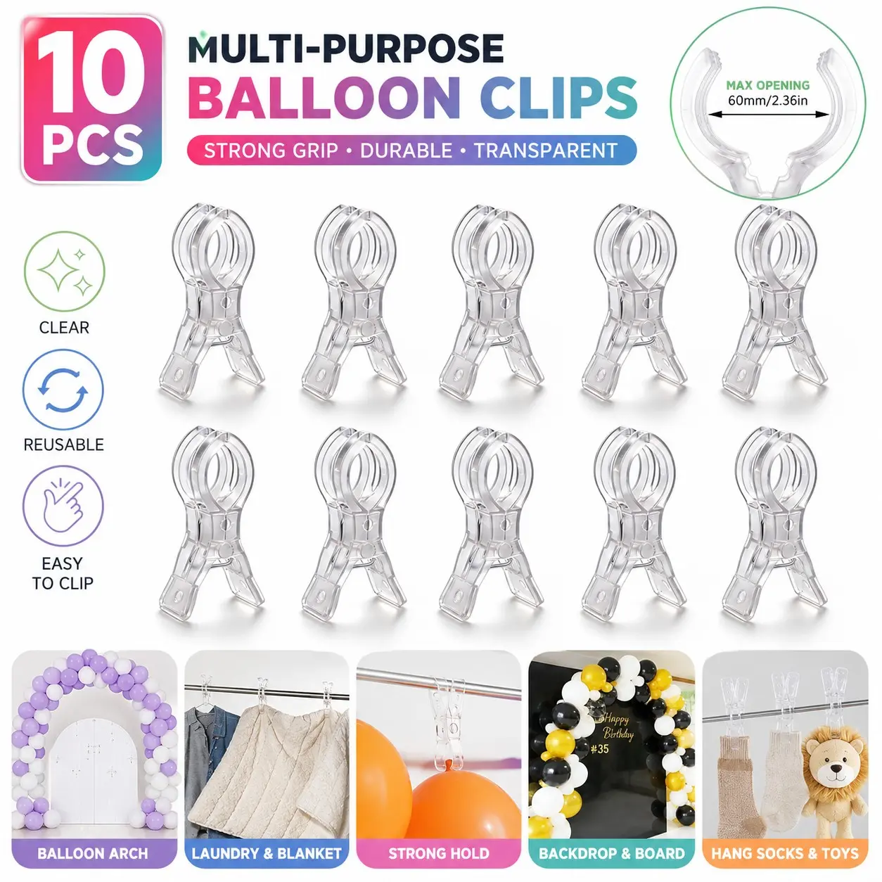 10-Pack Transparent Plastic Spring Clips, 3.5-Inch Thickened Holders, Balloon Arch Clips, Party Wedding Birthday Decor, Multi-Use Clamps