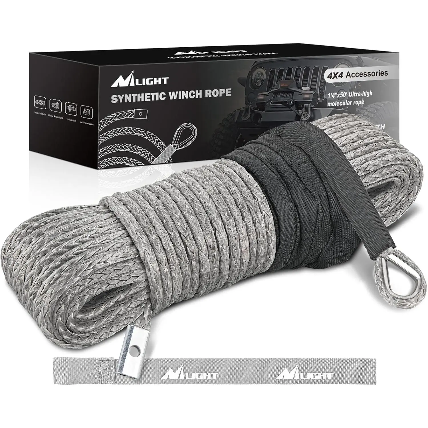 Nilight Winch Rope 1/4 Inch x 50 Feet 9000 LBS Synthetic Winch Line Cable with Black Protective Sleeve for ATV Towing Winches with Synthetic Ropes UTV Truck Boat SUV Vehicle, Grey