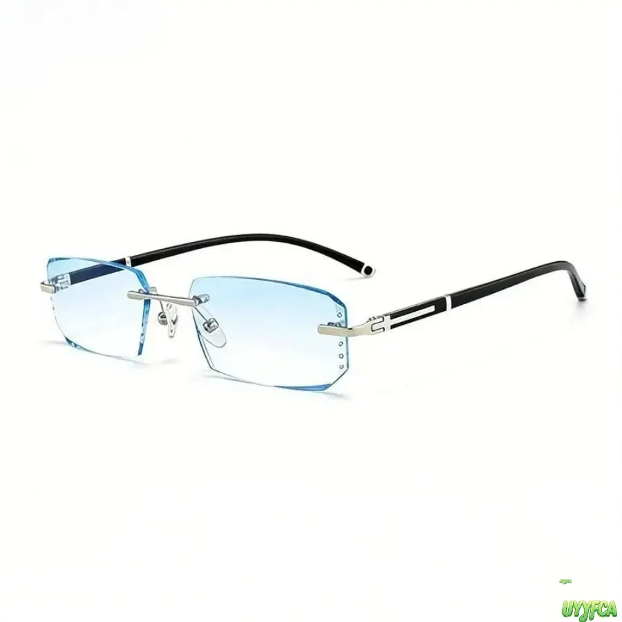 Unisex Vintage Rimless Cut Eyeglasses, Lightweight Anti-Blue-Light Frameless Eyewear with Gradient Blue Lenses, Comfortable Metal Temple Glasses for Reading, Office Work