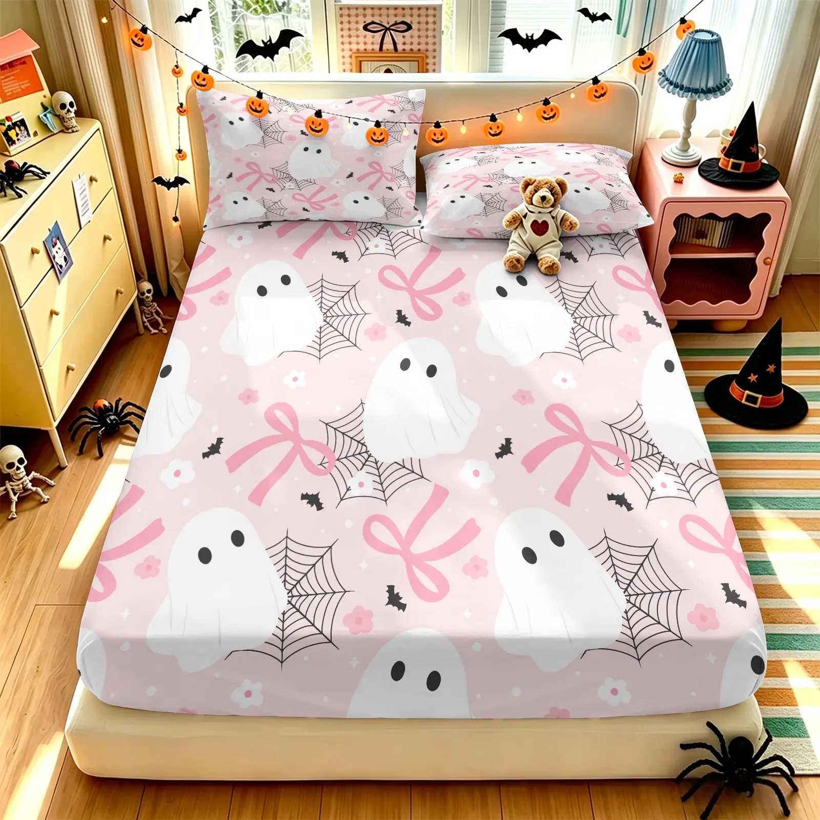 3PCS Cute Pink Halloween Ghost Bow Spider Web Fitted Sheet Set (1 Fitted Sheet+2 Pillowcases), Vivid HD Digital Print, Ultra Soft Breathable Skin Friendly Fabric, Stretch Deep Pocket, Bedroom Decor Accessories, Ideal Halloween Holiday Gift