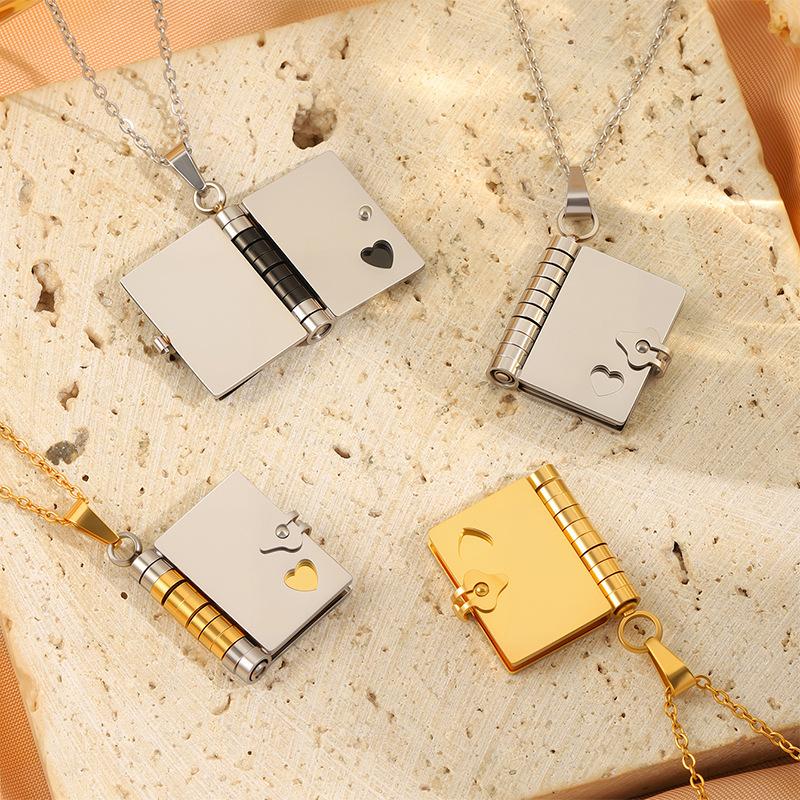 Mothers Day Gift Titanium Steel Necklace for Women, Openable Book Locket Love Letter Pendant Personality Temperament Clavicle Chain