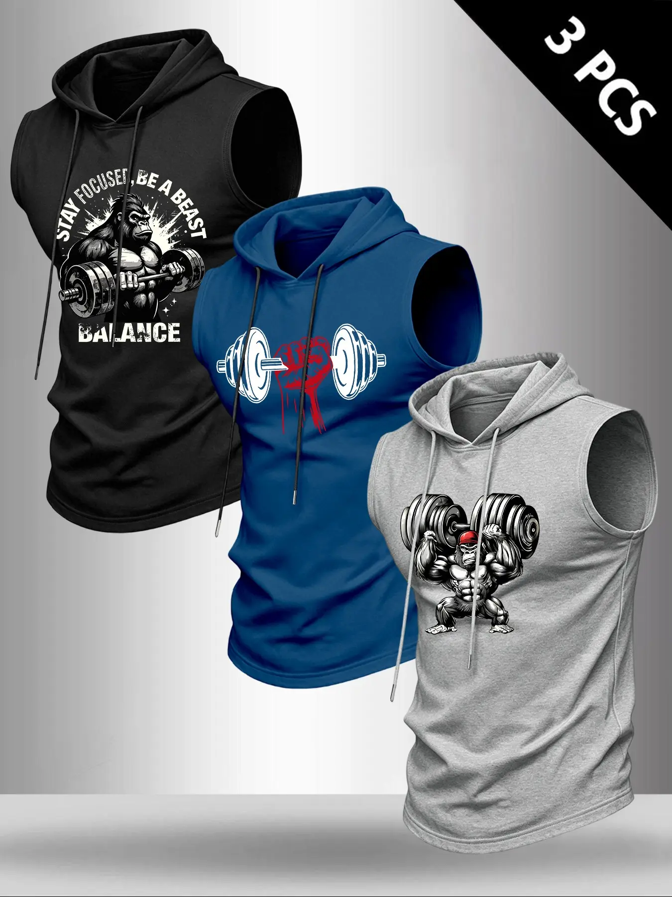 3 Pack Men Drawstring Hooded Sleeveless Tank Tops Gorilla Weightlifting Dumbbell Gym Motivational Slogan Front Graphic Print Loose Fit Bodybuilding Training Casual Streetwear Vests For Workout Daily Fitness Outfit, Activewear For Fitness