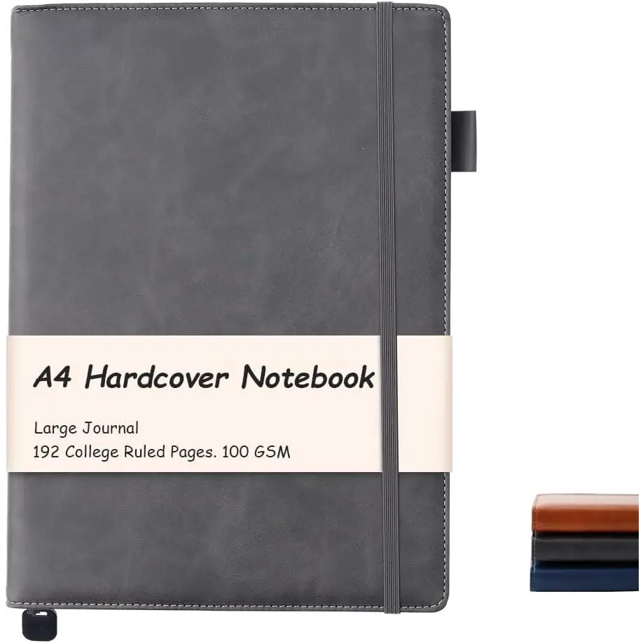 A4 Hardcover Notebook 8.5 X 11, A4 College Ruled Notebook, Black | 192 Pages, 100GSM  Paper, A4 Notebook Hardcover, PU Leather Cover, Pen Loop