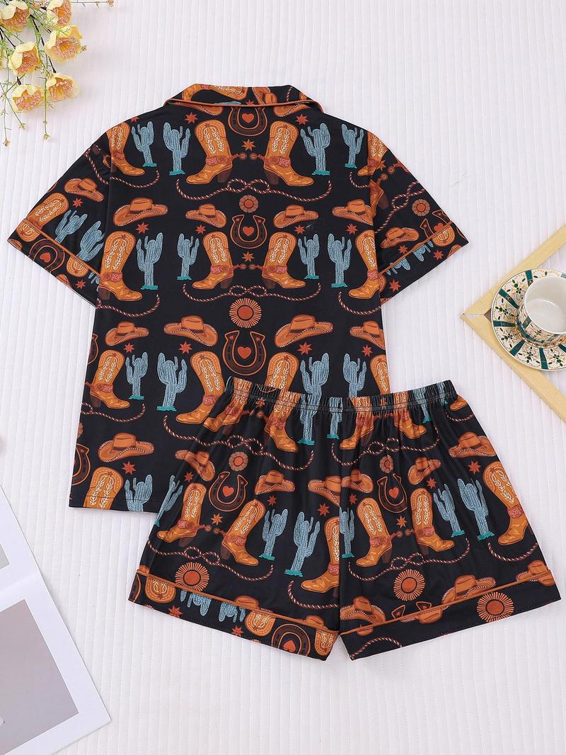 Women's All Over Cowboy Boots Print Pajama Two-piece Set, Casual Comfy Short Sleeve Lapel Neckline Tee & Shorts PJ Set, Ladies Summer Sleepwear