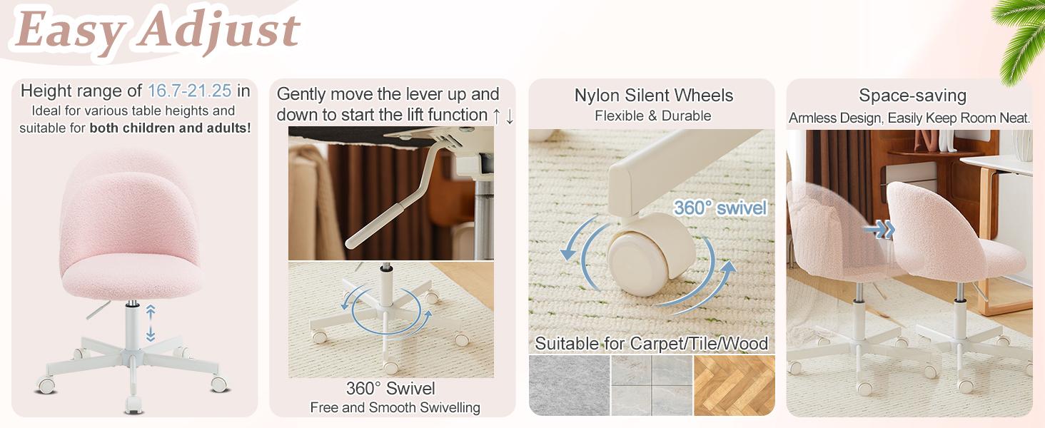 VINGLI Cute Candy Chair Armless Comfy Small Office Desk Vanity Chair with Wheels & Lumbar Support,Teddy Adjustable Rolling Swivel Computer Task Ch for Home Office,Bedroom,Gentle Pink VINGLI Cute Candy Chair Armless Comfy Small Office Desk Vanity Chair with Wheels & Lumbar Support,Teddy Adjustable Rolling Swivel Computer Task Ch for Home Office,Bedroom,Gentle Pink