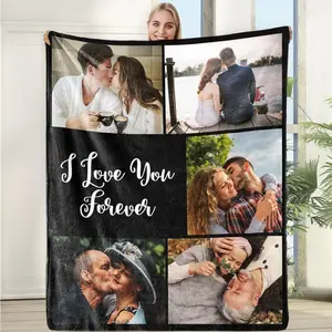 Custom Photo Flannel Throw Blanket, Black Asymmetrical 5-Photo Couples Collage Blanket with "I Love You Forever" Script Design, Personalized Names & Date, Soft Cozy Warm Blanket for Couples, Anniversary, Valentine’s Day & Engagement Gift