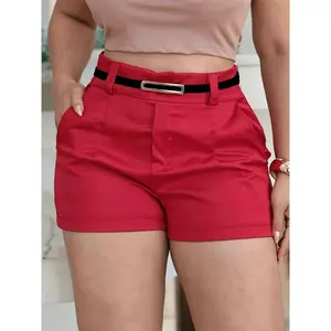 Vibrant Red Shorts Designed for Commuters, Featuring Sleek Narrow Belts That Provide a Relaxed Yet Fashionable Appearance, Complemented by Buckle Details