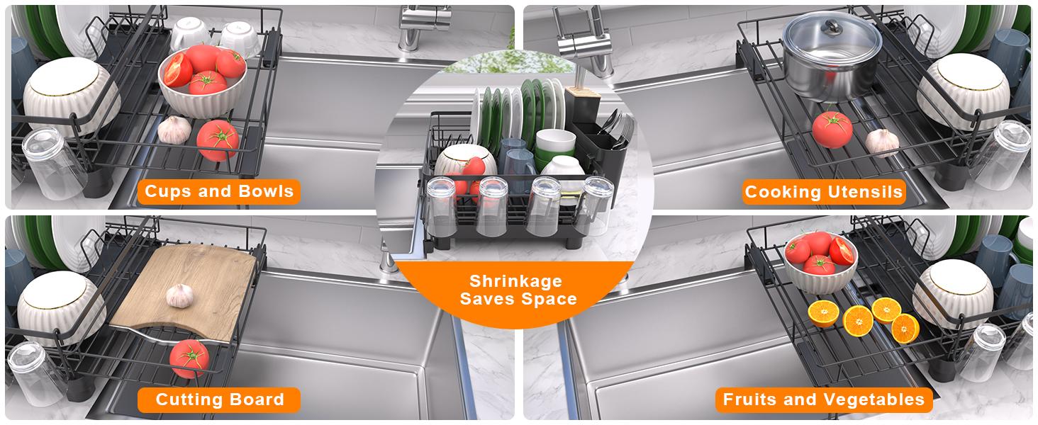 Dish Drying Rack - Expandable Dish Rack, Large Drying Dish Drainer Over Sink with Drainboard, Utensil Holder & Cup Holder, Stainless Dish Strainer for Counter, Black