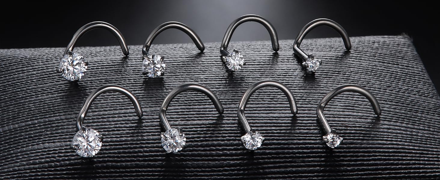 LOYALLOOK 8counts Nose Rings Studs Titanium Nose Rings 20G/18G Corkscrew Nose Ring L Shape Nose Studs Diamond CZ Silver Gold Nose Screw Rings Studs Hypoallergenic Nose Piercing Jewelry 1.5mm 2mm 2.5mm 3mm Gauge Size Trendy Modern Fashion
