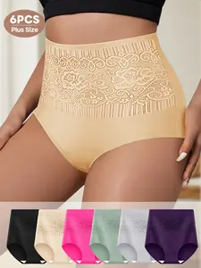 6-Pack Plus Size Underwear for Curvy Girls, Ultimate Belly Embrace Comfort, Bohemian Style Fitted Panties for All Seasons